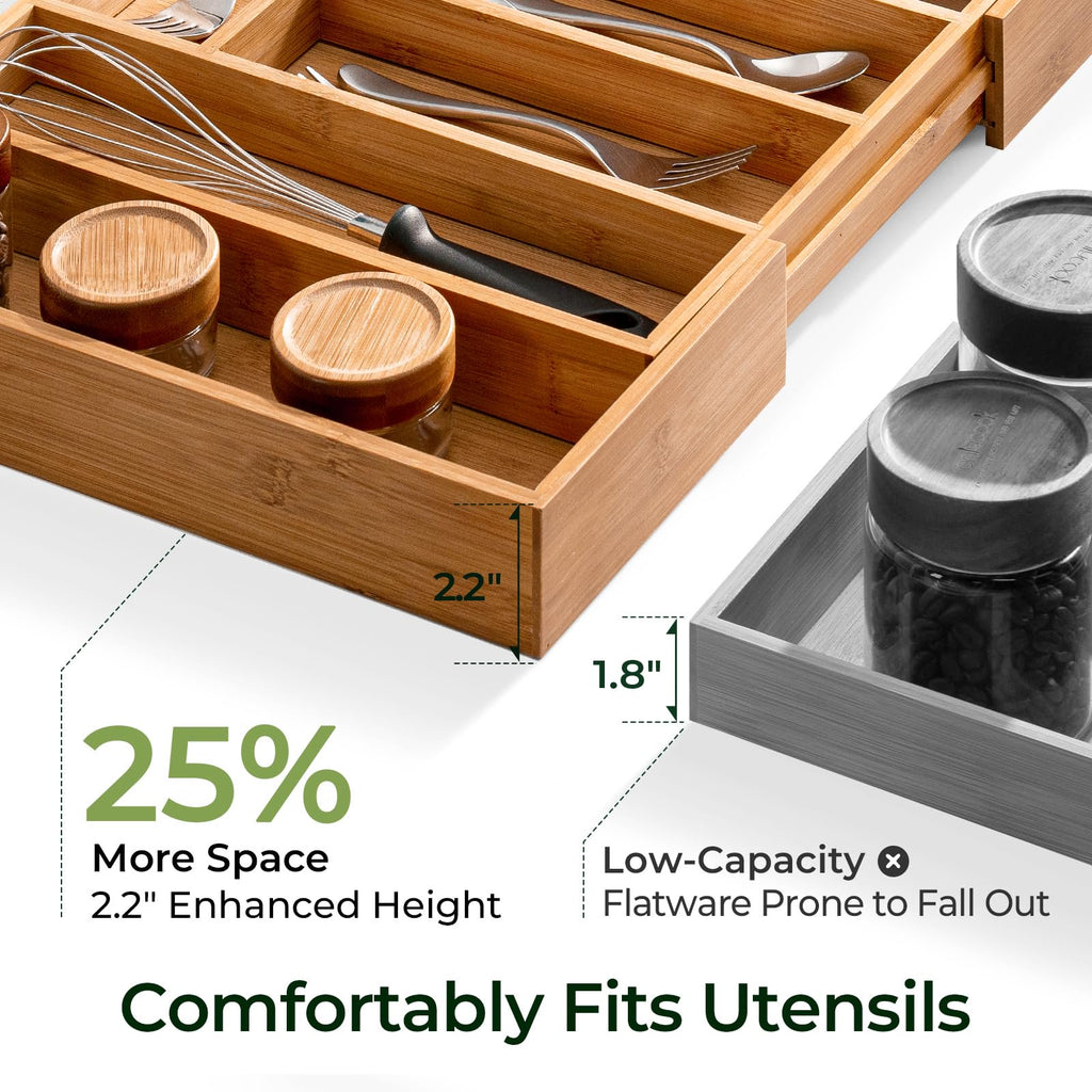 Bamboo Drawer Organizer, 10 Compartment Cutlery Tray, 2.2 Inch Deep V2791