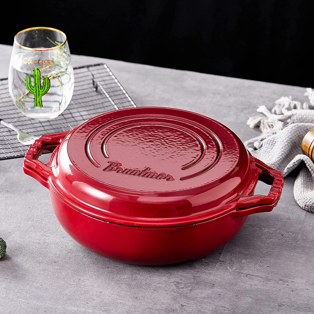 2-In-1 Enameled Cast Iron Cocotte Double Braiser Pan With Grill Lid E854816