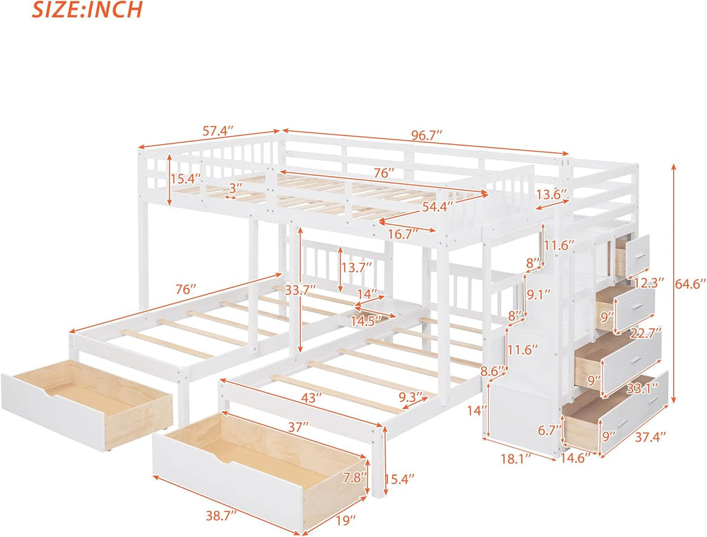 L-Shaped Triple Bunk Beds with Staircase and 2 Storage Drawers V1430