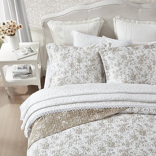 Queen Quilt Set, Reversible Floral Cotton Bedding with Matching Shams T74514