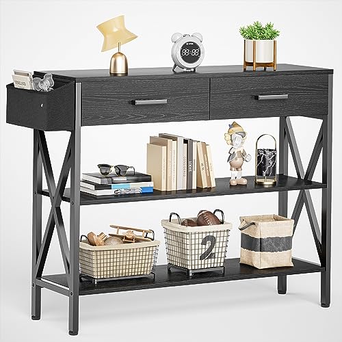 Black Console Table with 2 Drawers and 3 Tier Storage Shelves K977925