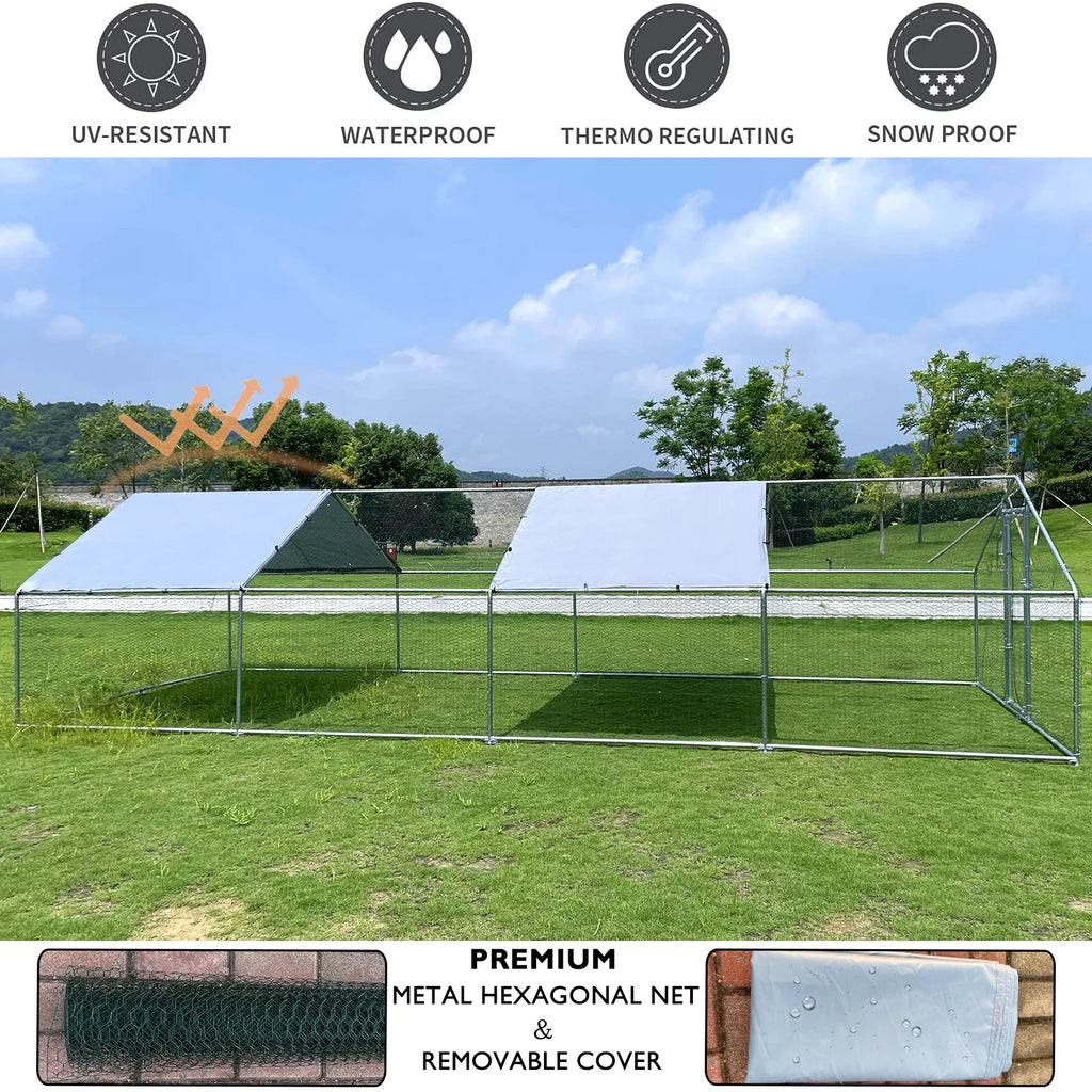 Large Chicken Run Coop 10x26ft Metal Hen House Poultry Cage M5459