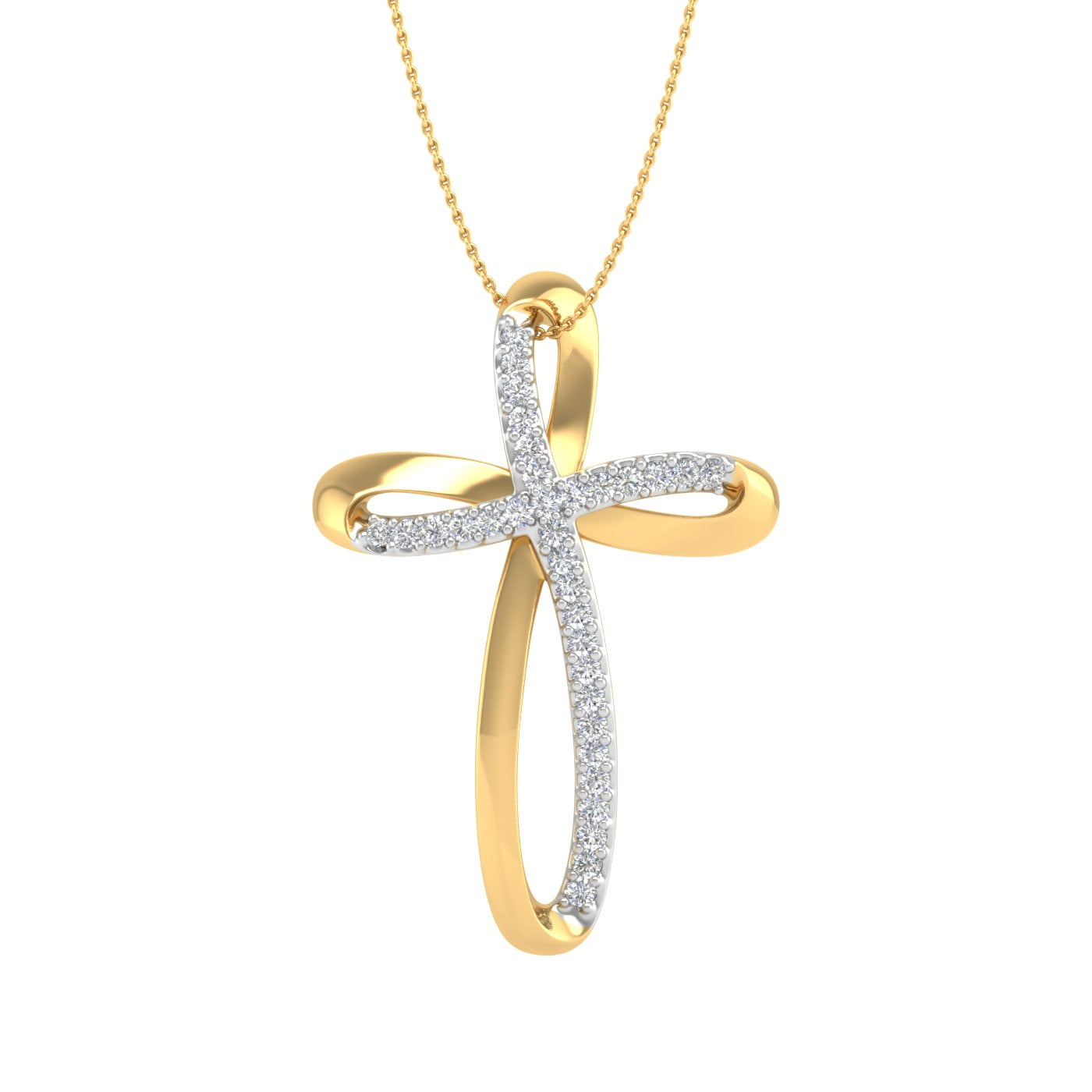 18K Yellow Gold over Sterling Silver Round Diamond Cross Pendant Necklace H94886