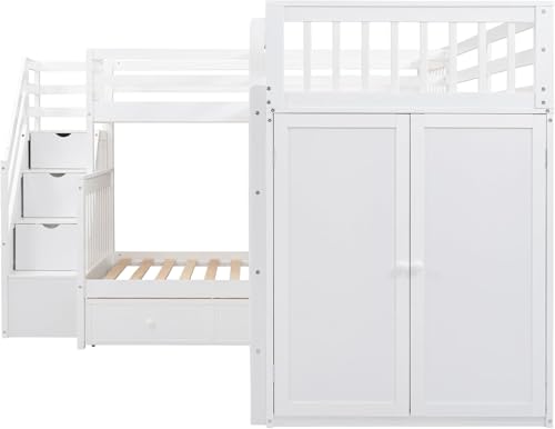Twin-Twin Over Full Triple Bunk Bed with Storage Stairs, Wardrobe and Desk, Solid Wood L-Shaped 3 Bunk Bed with Ladder, Shelves, Headboard, Guardrail (Grey) H7213