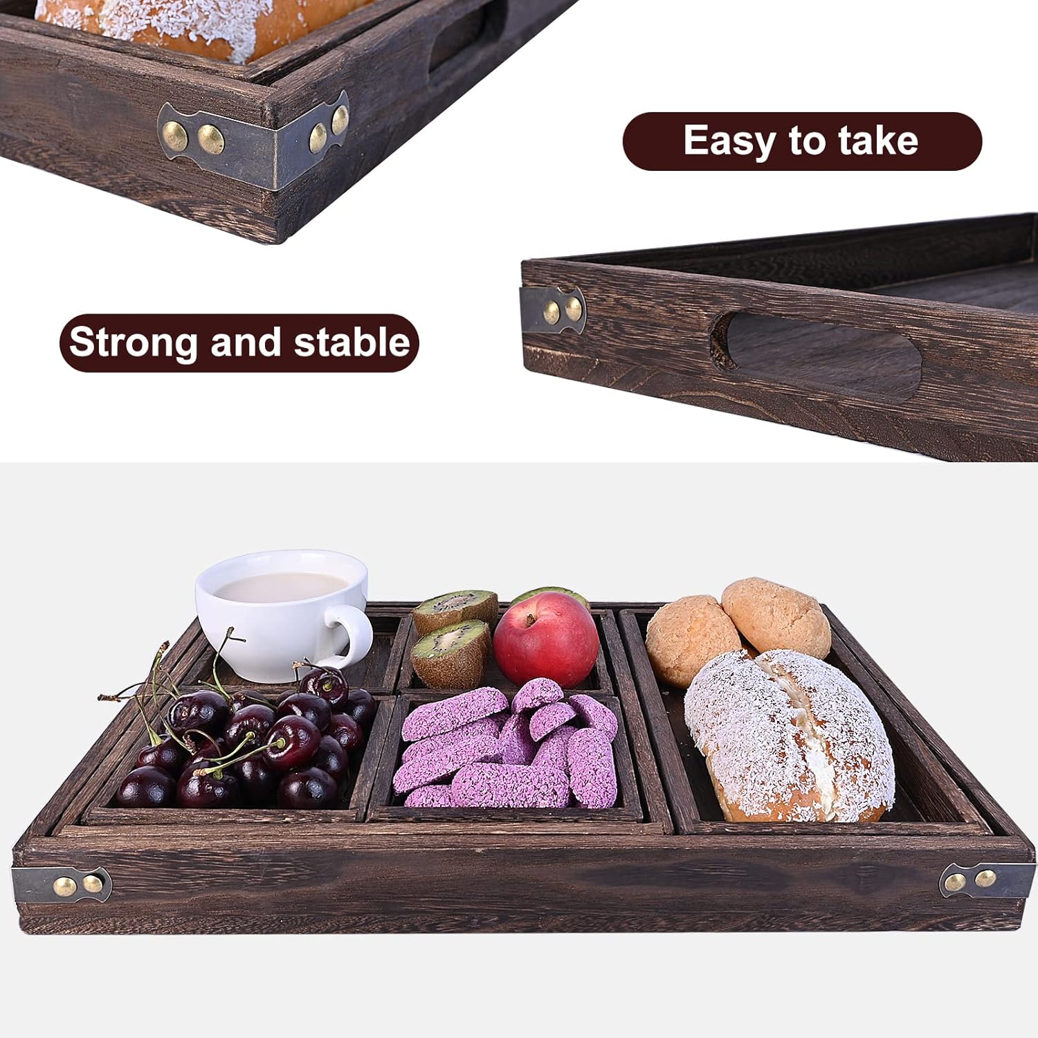 Set of 7 Rectangular Wooden Nesting Serving Trays with Handles B927