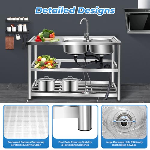2 Compartment Stainless Steel Commercial Kitchen Utility Sink with Prep Counter K893