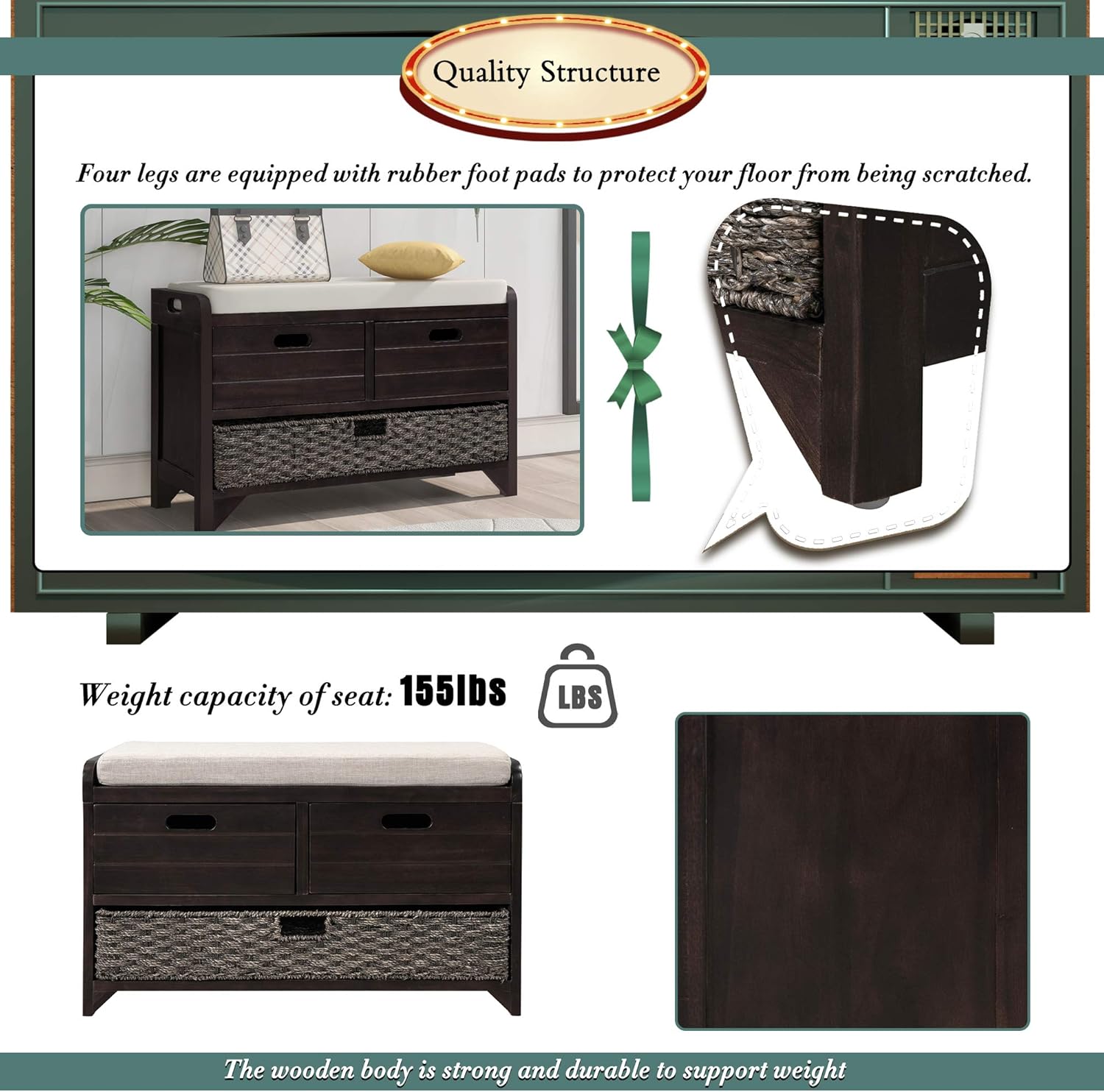 Wood Storage Bench with 1 Basket and 2 Drawers, Removable Cushion, Espresso E95442