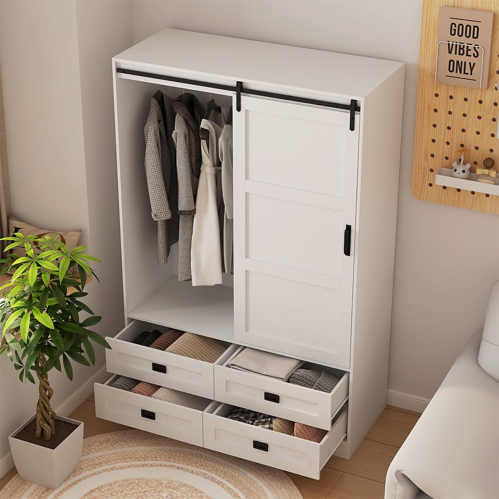 Solid Wood Armoire Wardrobe Closet with Sliding Barn Door, 4 Drawers, 3 Adjustable Shelves & Hanging Rod O972