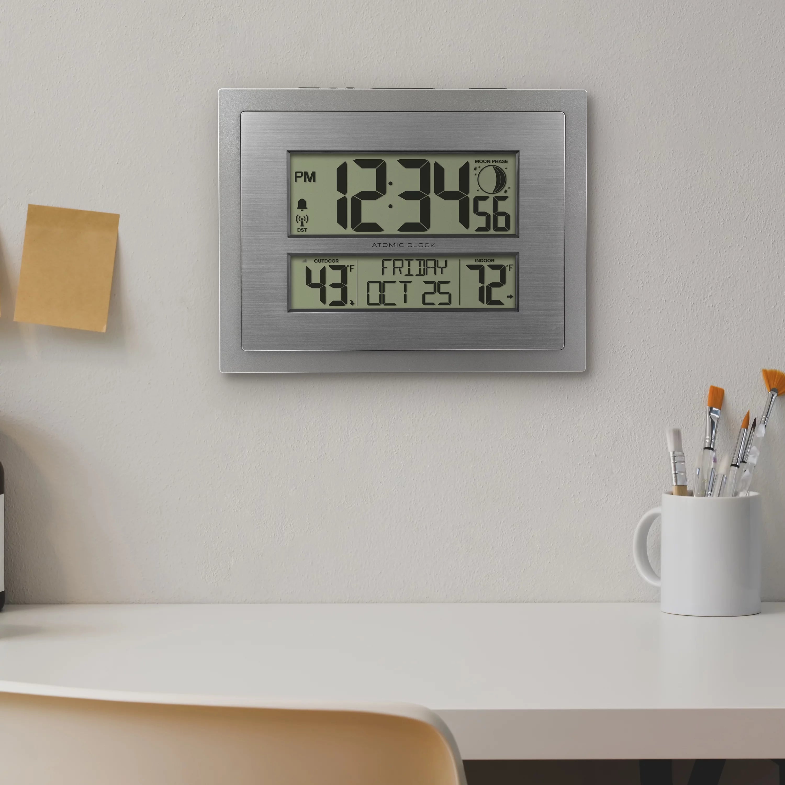 Silver Atomic Wall Clock with Moon Phase and Calendar H9959