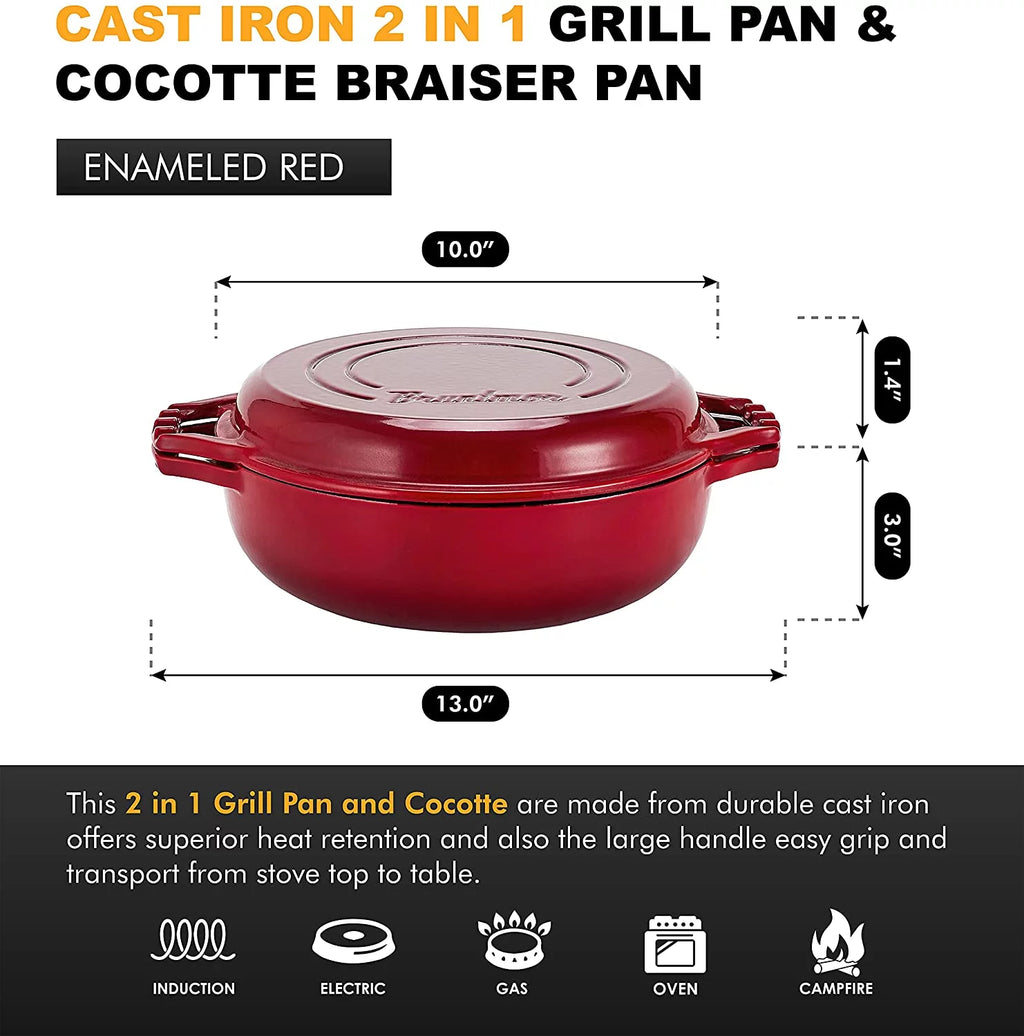 2-In-1 Enameled Cast Iron Cocotte Double Braiser Pan With Grill Lid E854816