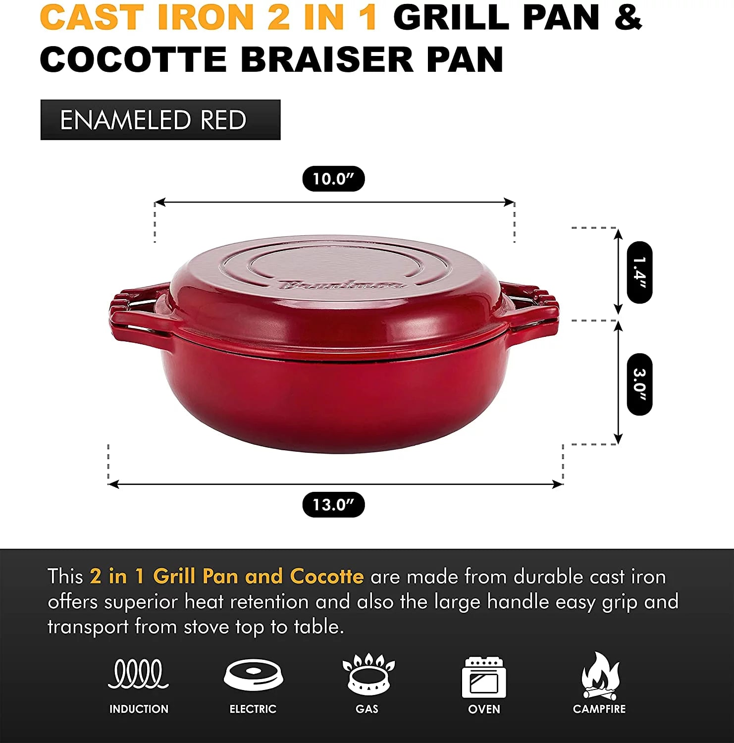 2-In-1 Enameled Cast Iron Cocotte Double Braiser Pan With Grill Lid E854816