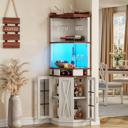 72" Tall White Corner Bar Cabinet with Glass Door B7432