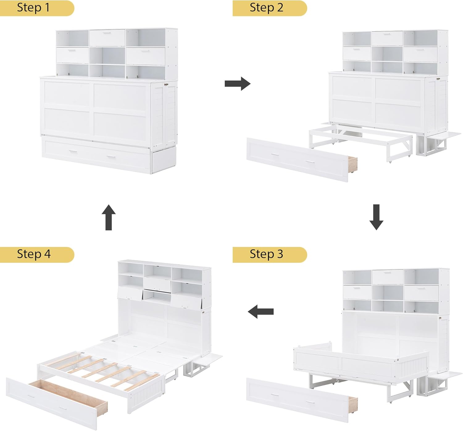 White Queen Murphy Bed Cabinet with Bookcase and Drawer G830