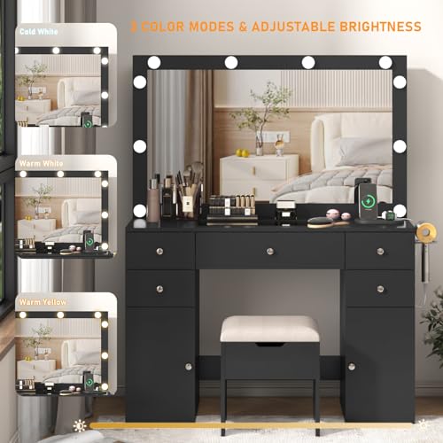 Black Vanity Desk with Lighted Mirror, 5 Drawers, 2 Cabinets, Stool, Glass Top, Sliding Jewelry Storage Shelves M97733