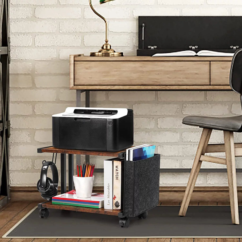 2-Tier Mobile Printer Stand Shelf with Storage Under Desk Printer Cart U47882