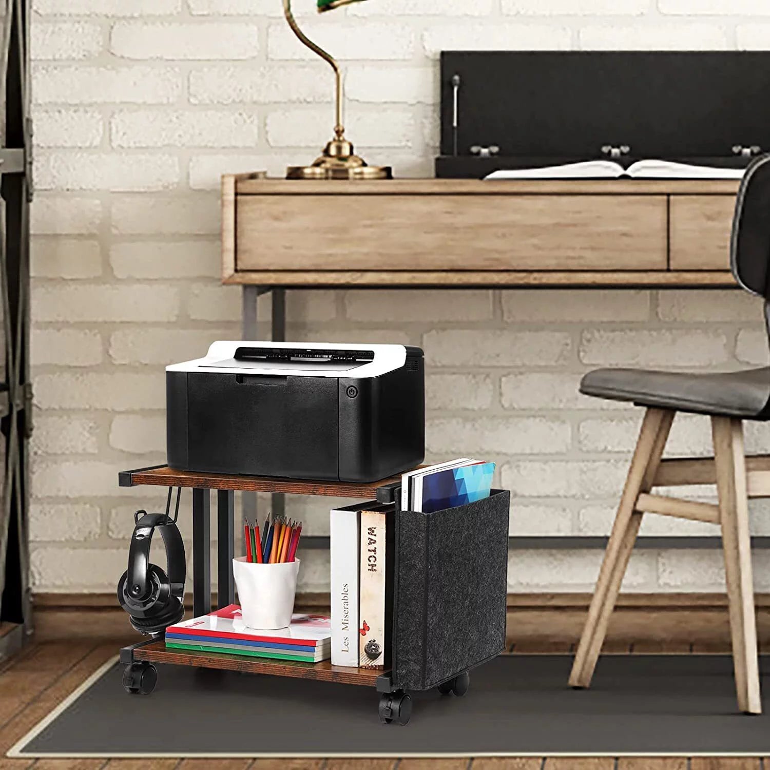 2-Tier Mobile Printer Stand Shelf with Storage Under Desk Printer Cart U47882