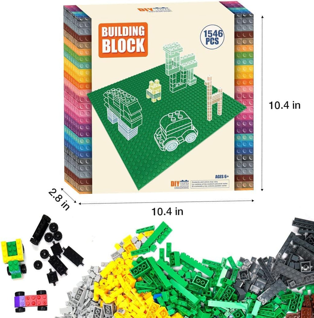1546 Pieces Basic Building Blocks with Wheels and 8 Pack of Blue Baseplate T1450