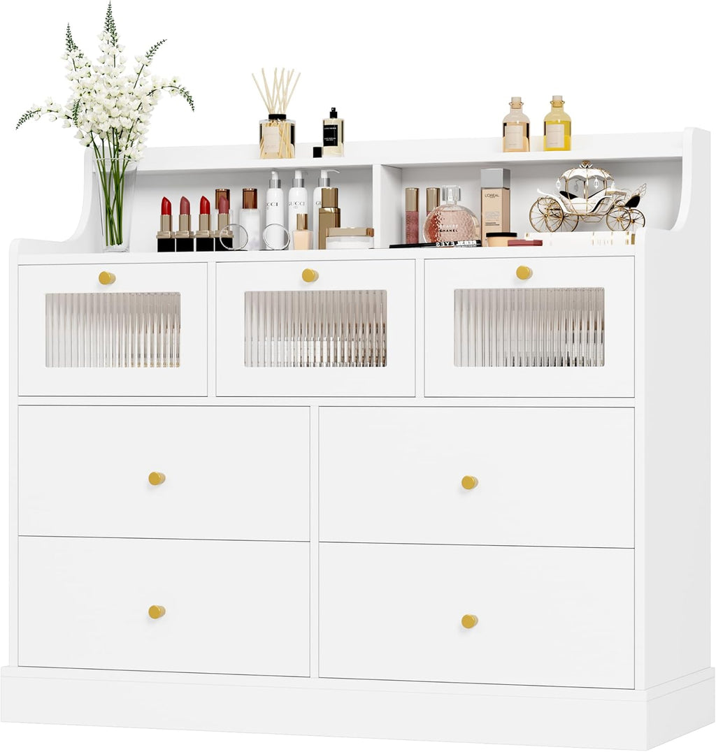 White 7 Drawer Wood Dresser with Shelves G969041