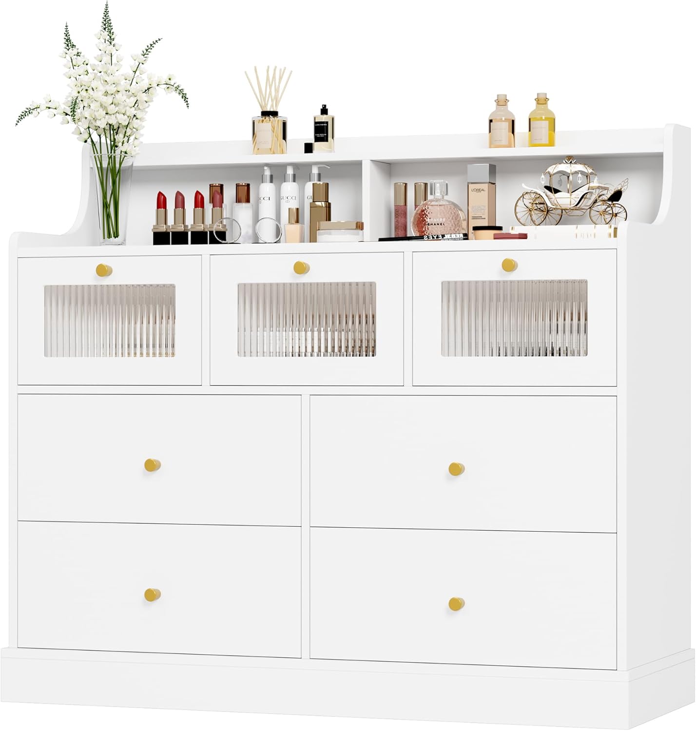 White 7 Drawer Wood Dresser with Shelves G969041