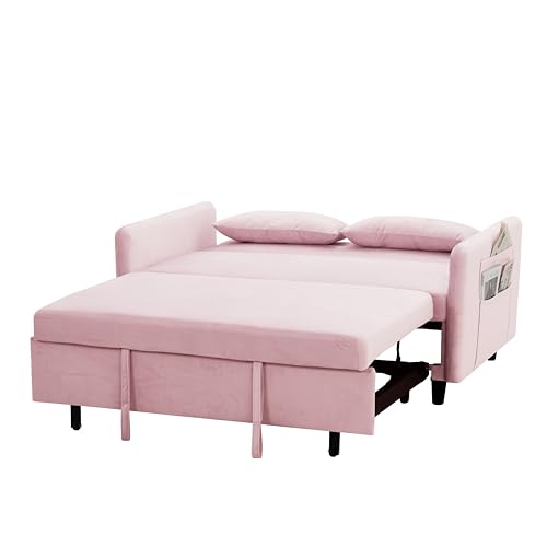 Pink Velvet Sleeper Sofa Couch Bed with Two Pillows Q18078