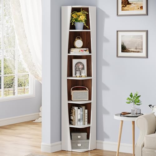 White and Walnut 6-Tier Corner Bookcase G52086