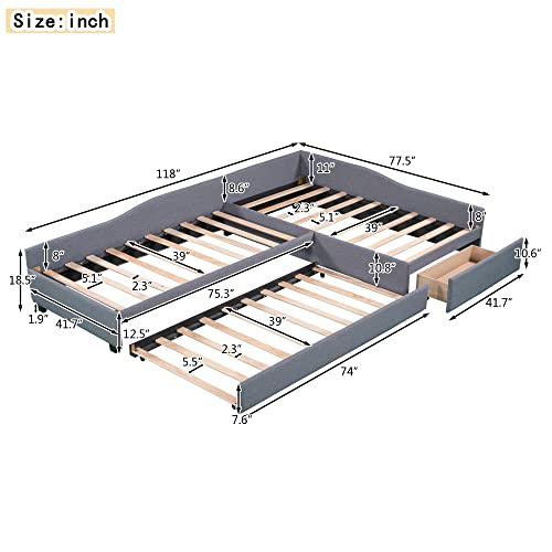 Gray Upholstered Twin Size Daybed with Trundle and Drawer N9407