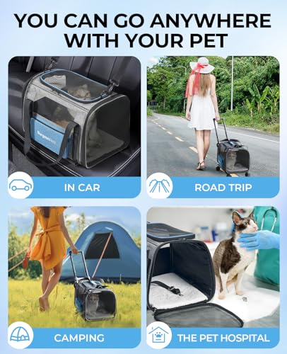 Cat Carrier with Wheels, Airline Approved Pet Carrier for Cats Dogs 15 lbs with Telescopic Handle, Small Dog Carrier with Wheels Removable, Soft Rolling Cat Carrier with Large Pocket V5220