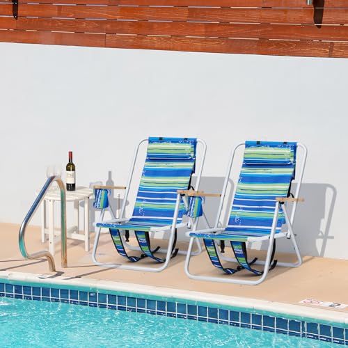 Set of 2 Blue Folding Heavy Duty Beach Camping Chairs with Cup Holder B782