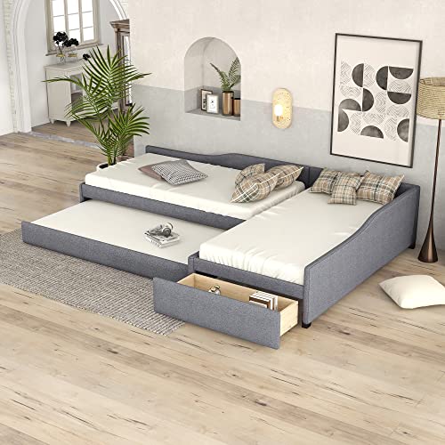 Gray Upholstered Twin Size Daybed with Trundle and Drawer N9407