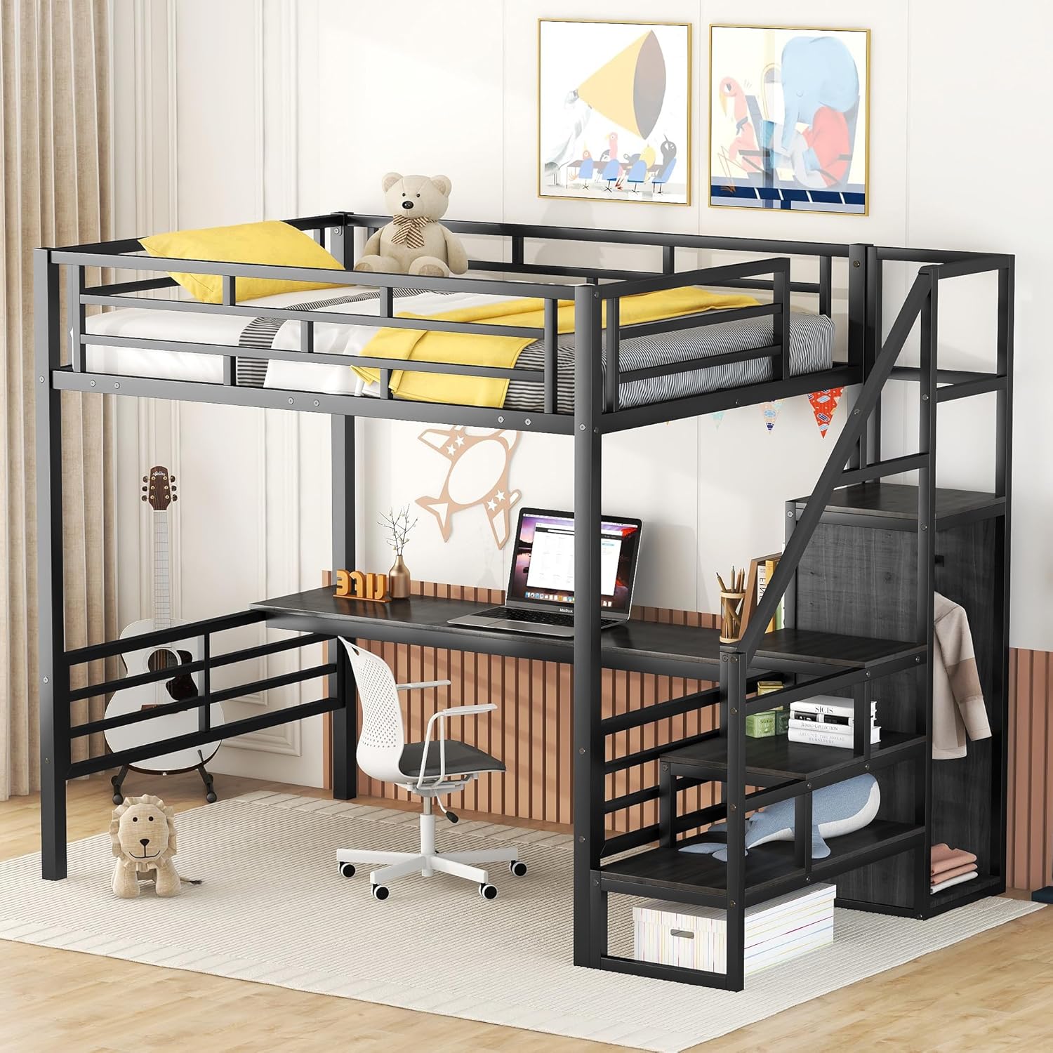 Black Full Size Metal Loft Bed with Desk and Wardrobe P72499