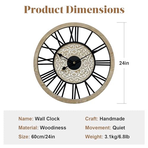 24 in Round Carved Wooden Wall Clock K4088