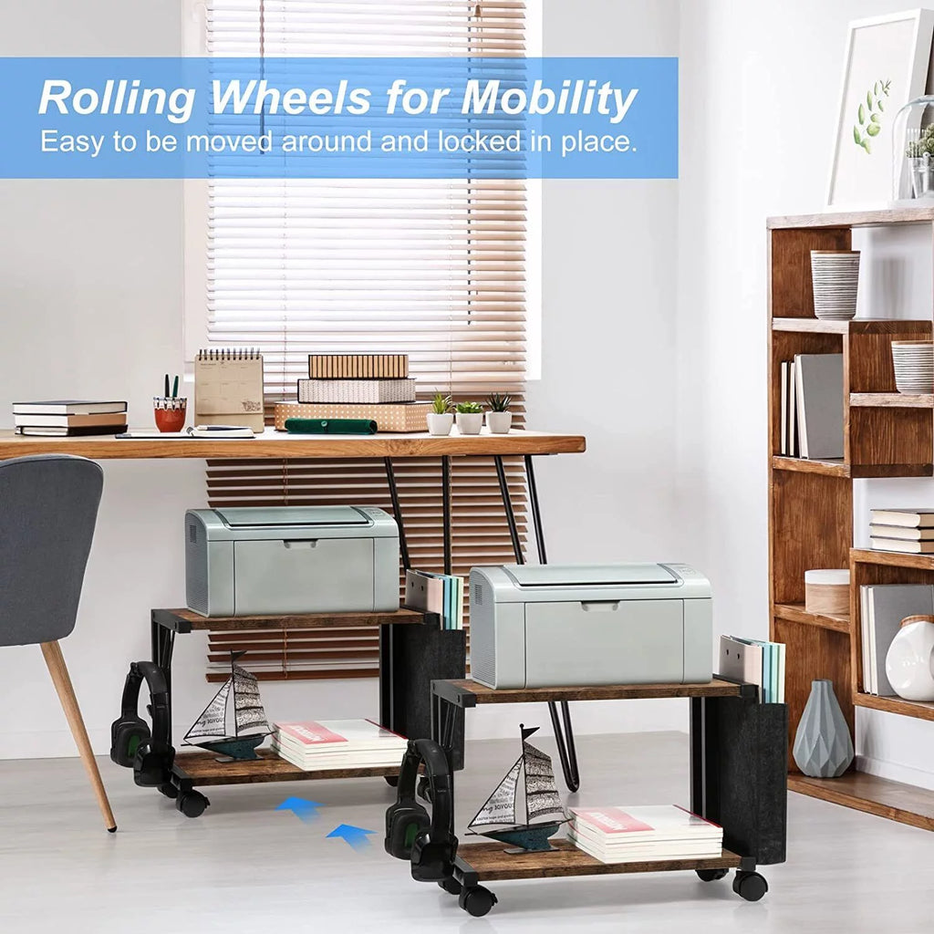2-Tier Mobile Printer Stand Shelf with Storage Under Desk Printer Cart U47882