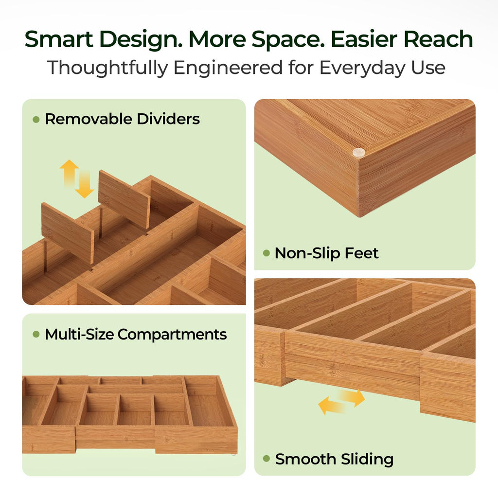 Bamboo Drawer Organizer, 10 Compartment Cutlery Tray, 2.2 Inch Deep V2791
