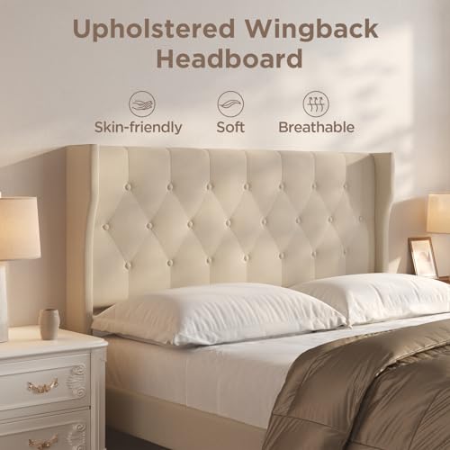 Beige Queen Size Upholstered Bed Frame with Headboard E45341