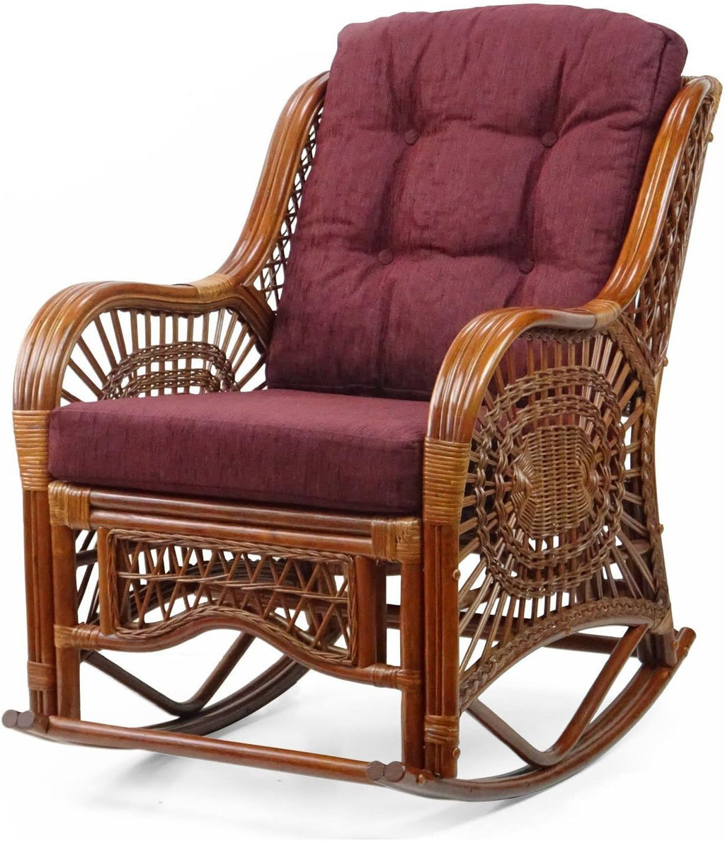 Natural Rattan Set of 2 Rocking Lounge Chairs with Dark Brown Cushions and Round Coffee Table with Glass V87549
