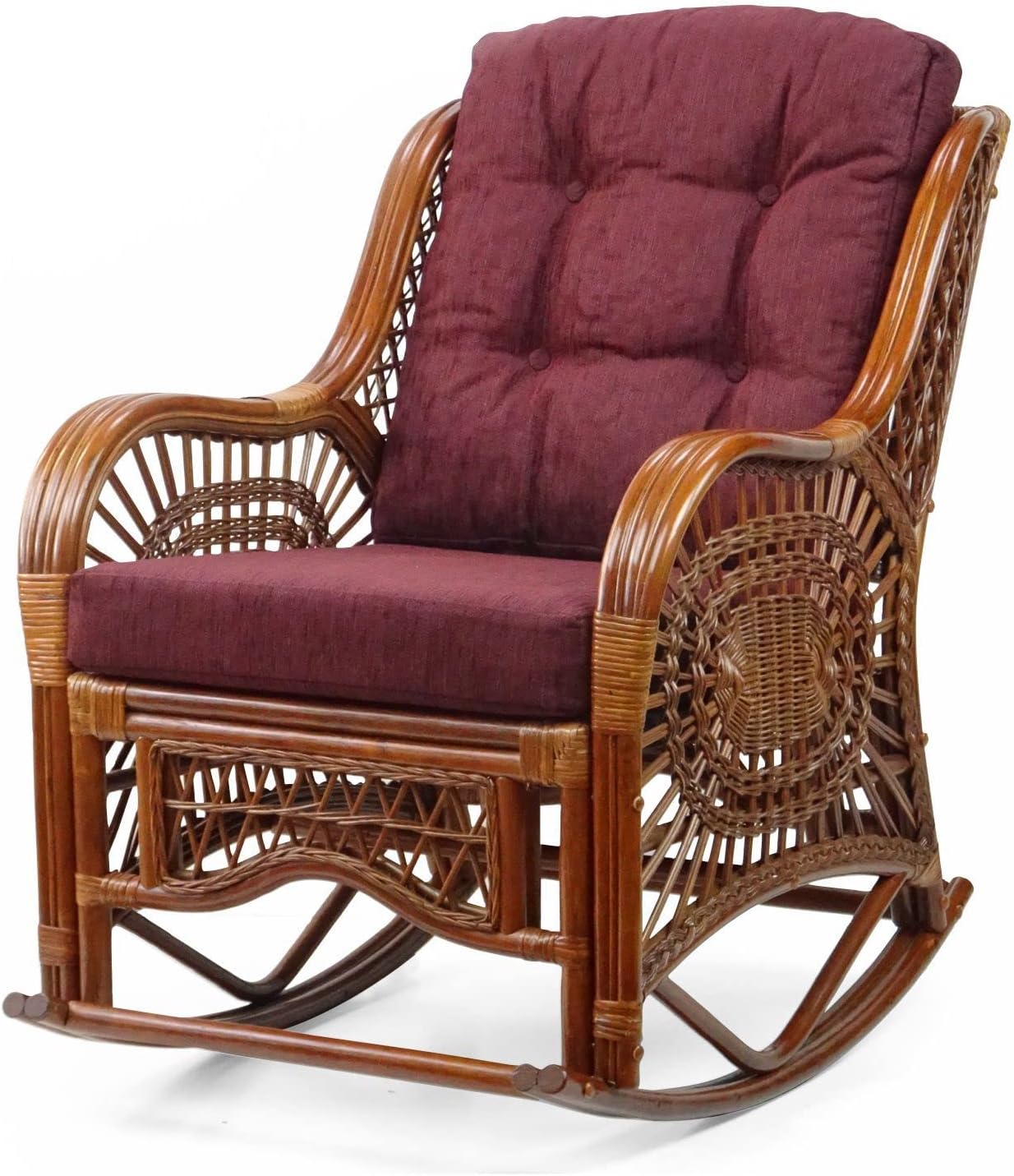Natural Rattan Set of 2 Rocking Lounge Chairs with Dark Brown Cushions and Round Coffee Table with Glass V87549