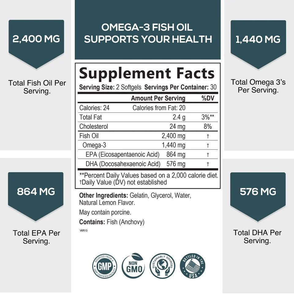 Omega 3 Fish Oil Capsules 2400mg EPA & DHA 60 Softgels X361