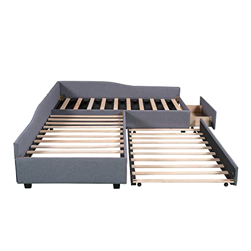 Gray Upholstered Twin Size Daybed with Trundle and Drawer N9407