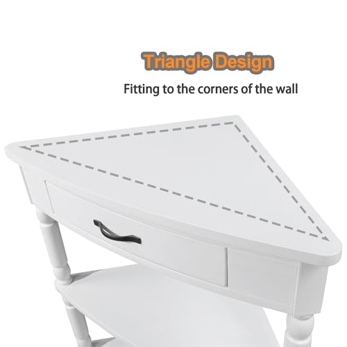 White 3-Tier Corner Shelf with Drawer and Solid Wood Legs G5323