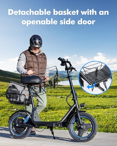 Electric Scooter with Seat & Pet Basket - 30 Miles Range 650W Motor 48V 13.5Ah Battery 18.6MPH 14" Pneumatic Tires Foldable Design Dual Shock Absorbers 300lbs Capacity P813