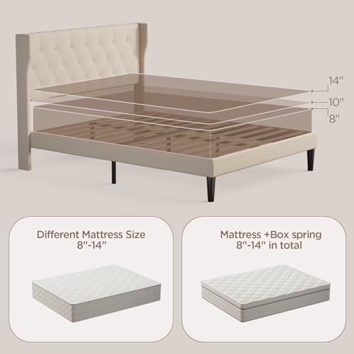 Beige Queen Size Upholstered Bed Frame with Headboard E45341