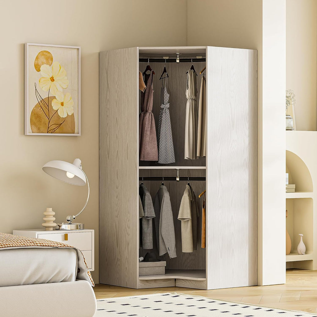 Natural Open Style Wooden Corner Wardrobe Closet with 2 Hanging Rails and Shelves J754274