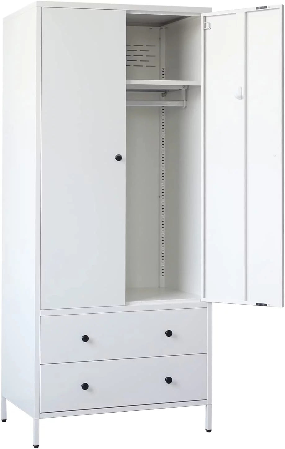 Metal Storage Wardrobe with Hanging Rod, 2 Doors and 2 Drawers, Steel Wardrobe Closet, 74" H x 31.5" W x 20" D (White) L5753