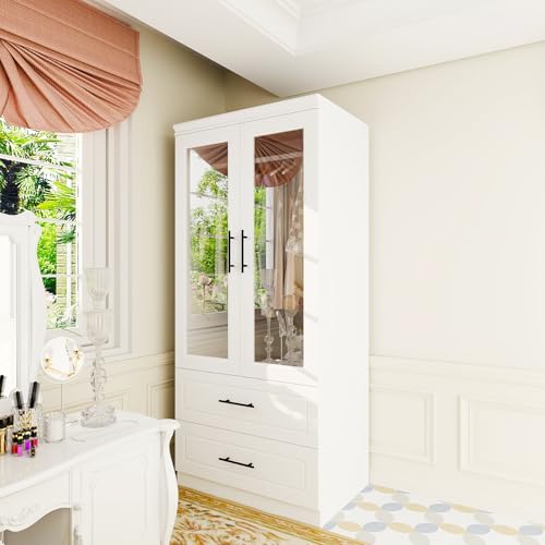 White 3 Door Armoire Wardrobe Closet with Mirror and 2 Drawers D291332
