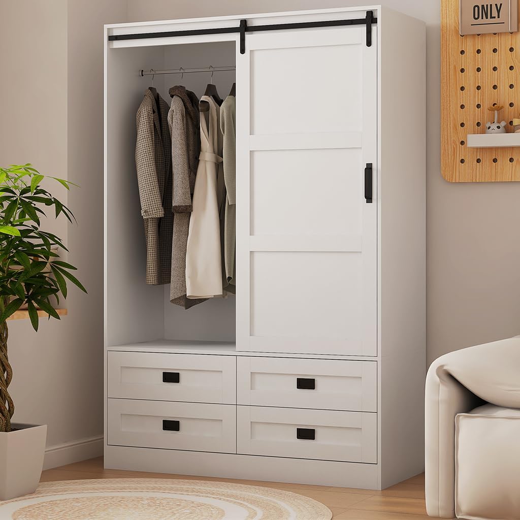 Solid Wood Armoire Wardrobe Closet with Sliding Barn Door, 4 Drawers, 3 Adjustable Shelves & Hanging Rod O972
