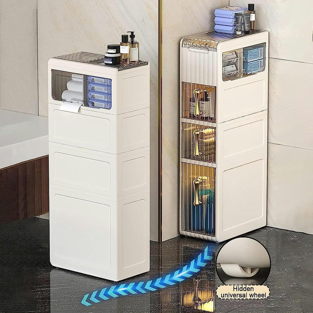 Narrow Bathroom Floor Storage Cabinet with Drawers and Wheels P868021