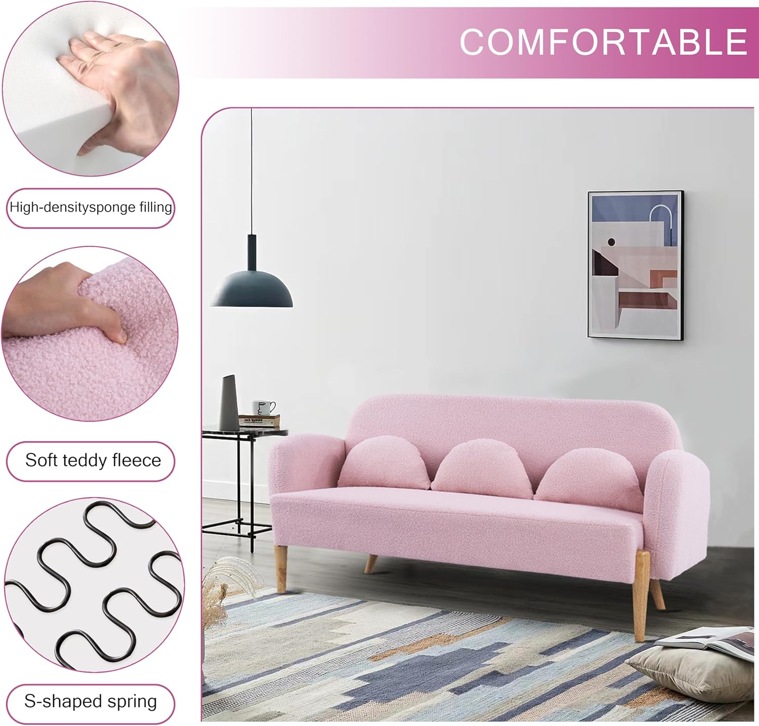 Pink Velvet Mini Couch with 3 Lumbar Pillows I979837