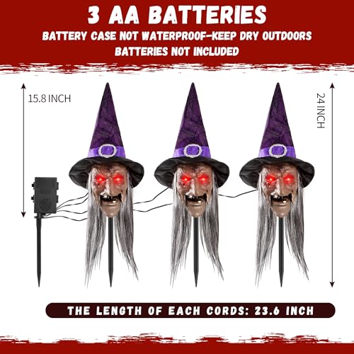 3-Pack Halloween Animatronic Witch Stakes with Sound, Light-Up Eyes, Moving Mouth T944