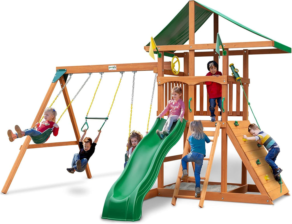 Oversized Green Vinyl Canopy Roof Wooden Swing Set with Climbing Wall, Ladder, Swings and Slide Z501661