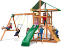 Oversized Green Vinyl Canopy Roof Wooden Swing Set with Climbing Wall, Ladder, Swings and Slide Z501661